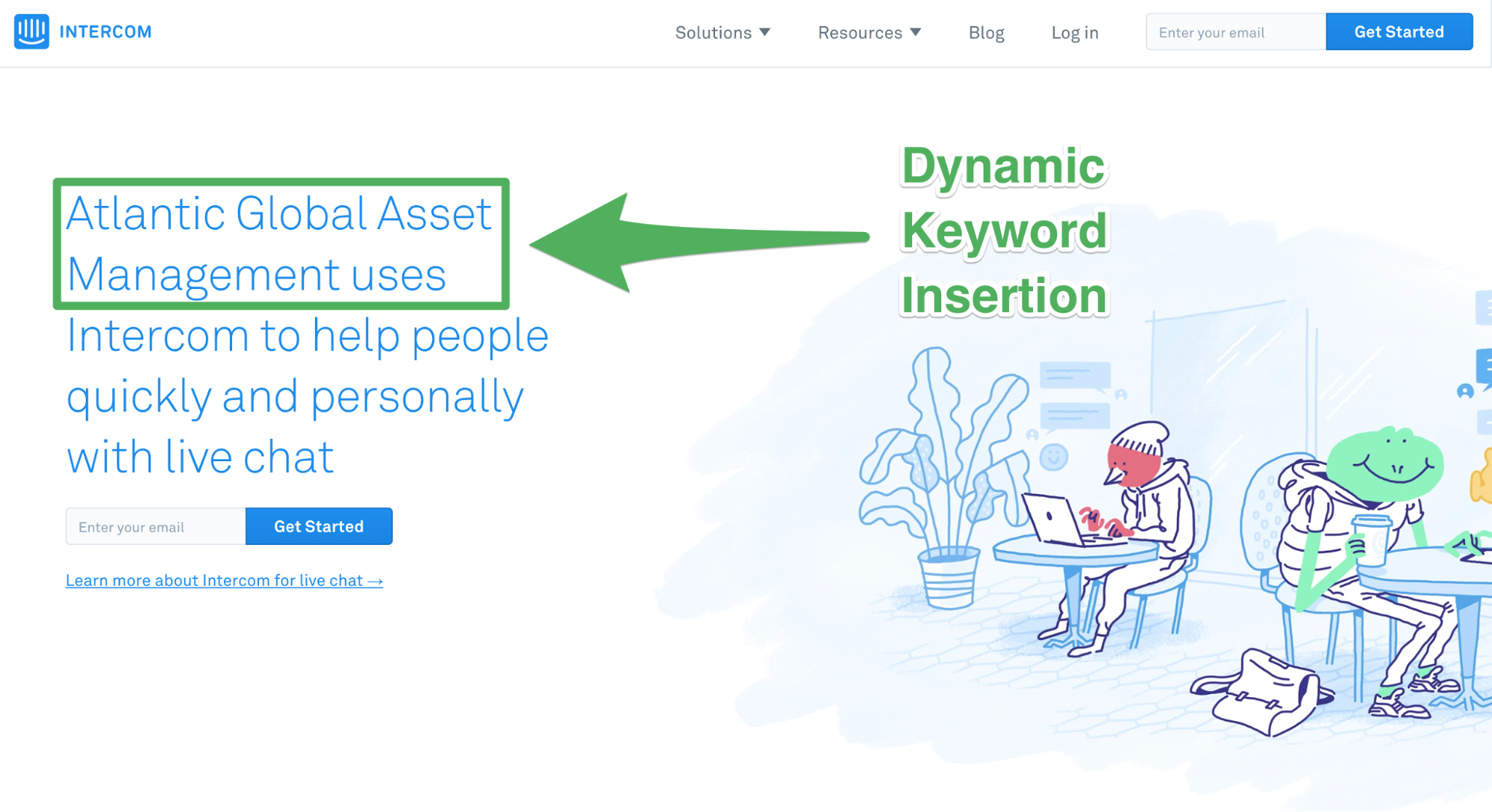 Screenshot showing a dynamic keyword landing page on intercom