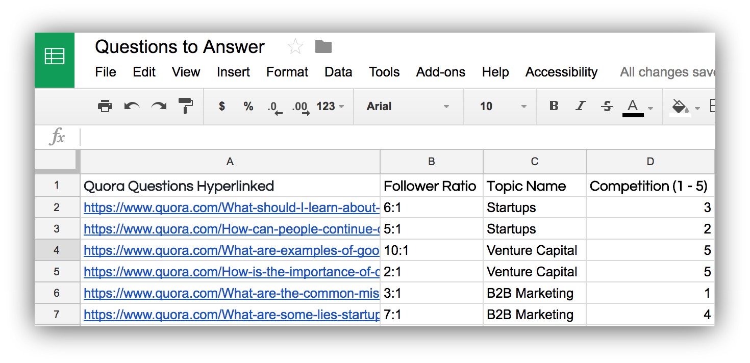 Screenshot of a google spreadsheet listing different quora answers