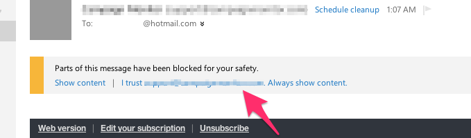 Screenshot of user whitelisting email in Outlook.com
