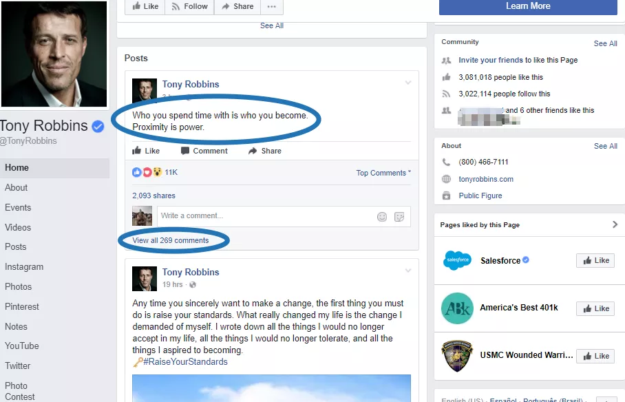 Screenshot of Facebook post by Tony Robbins