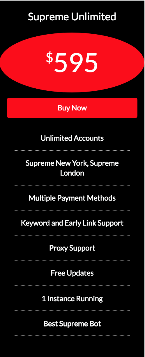Screenshot showing the pricing point for a bot to buy Supreme clothing