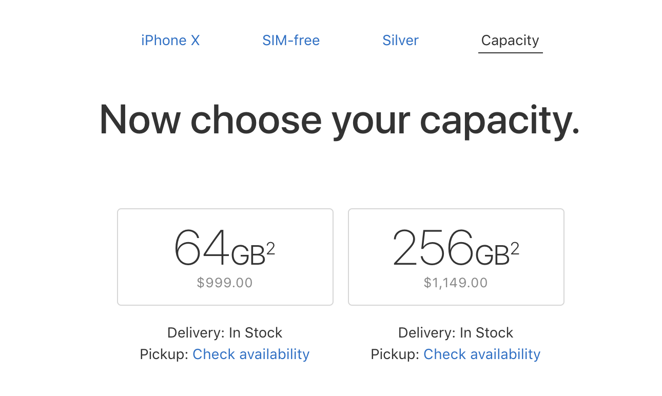 Screenshot showing iPhone capacity options