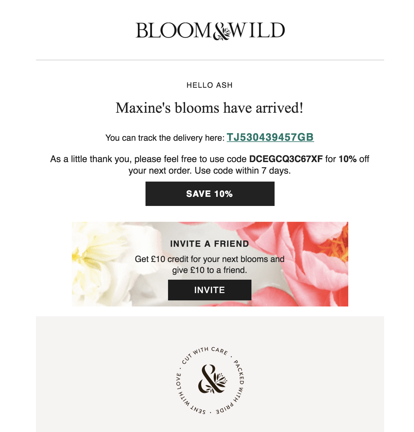 Screenshot showing an email by Bloom & Wild