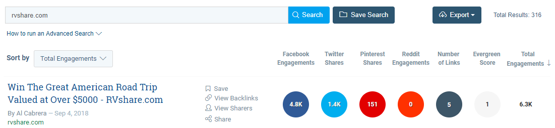 Screenshot of steps to find most-shared content in industry using Buzzsumo
