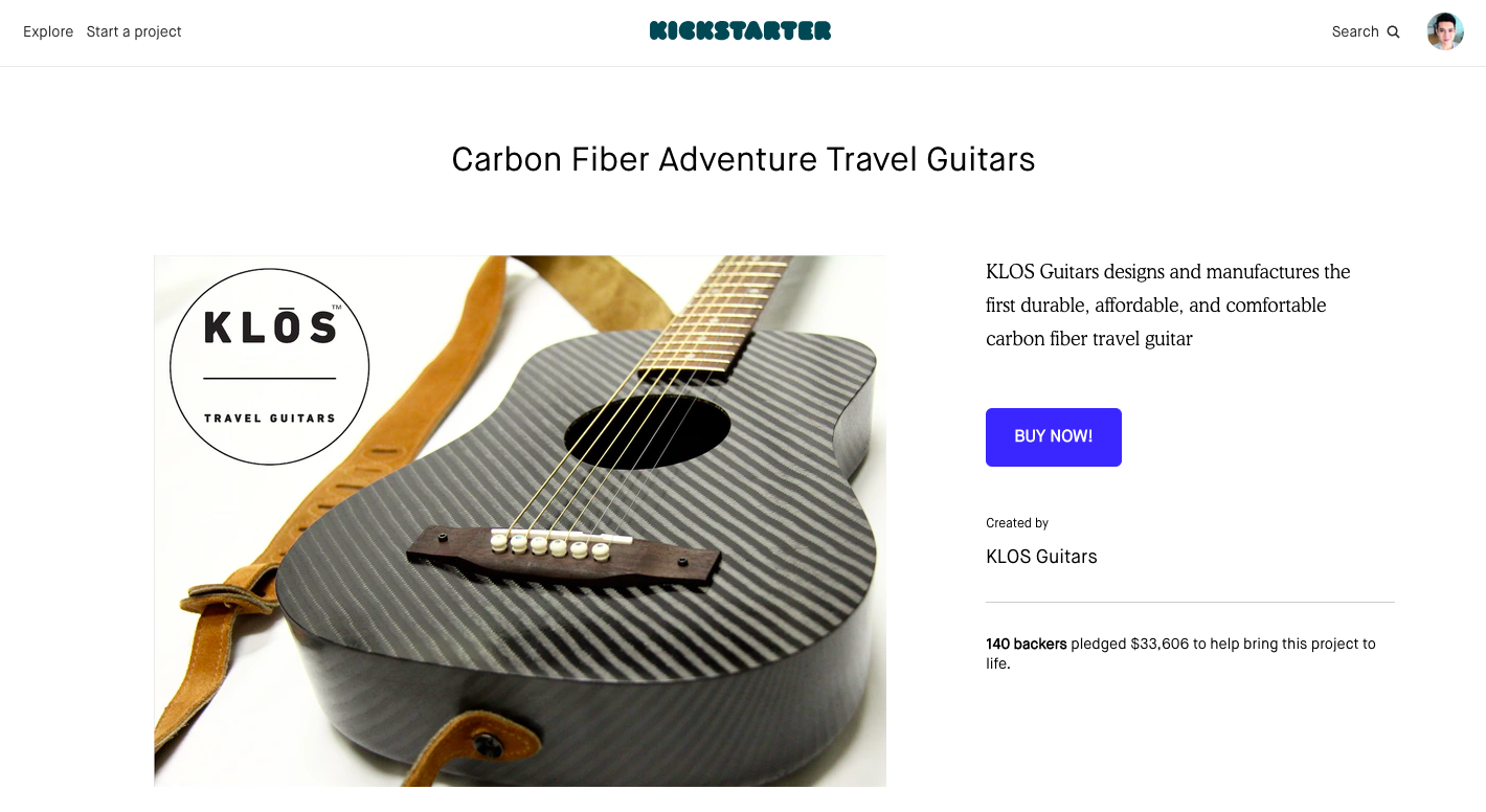 Screenshot showing KLOS Guitars Kickstarter page