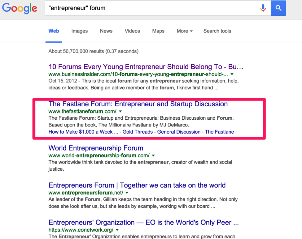 Screenshot showing google search links to the fastlane forum