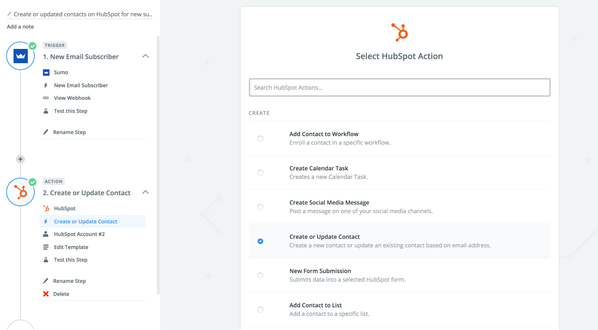 Screenshot showing a zap setup page for Hubspot integration