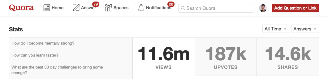 Screenshot showing traffic from Quora