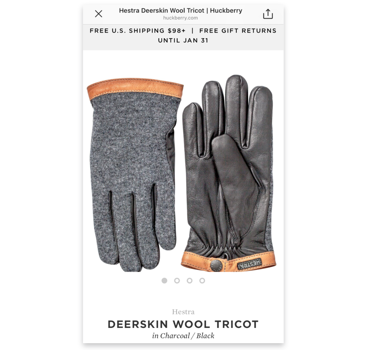 Screenshot showing gloves for sale by Huckberry