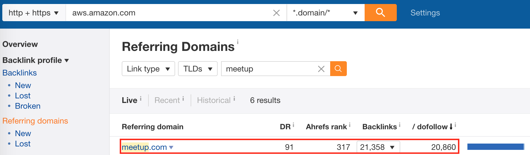Screenshot showing referring domains to a site