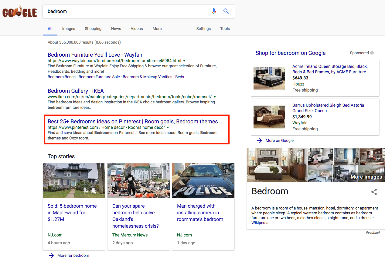 Screenshot showing google results for bedroom