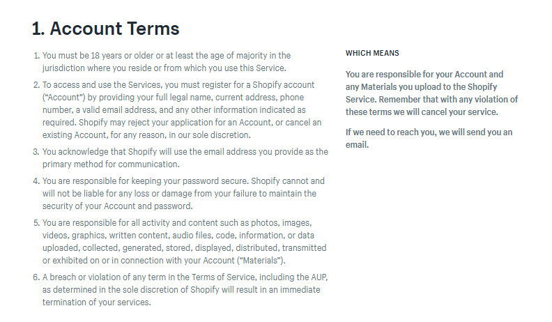Screenshot showing the "Account Terms" section on shopify