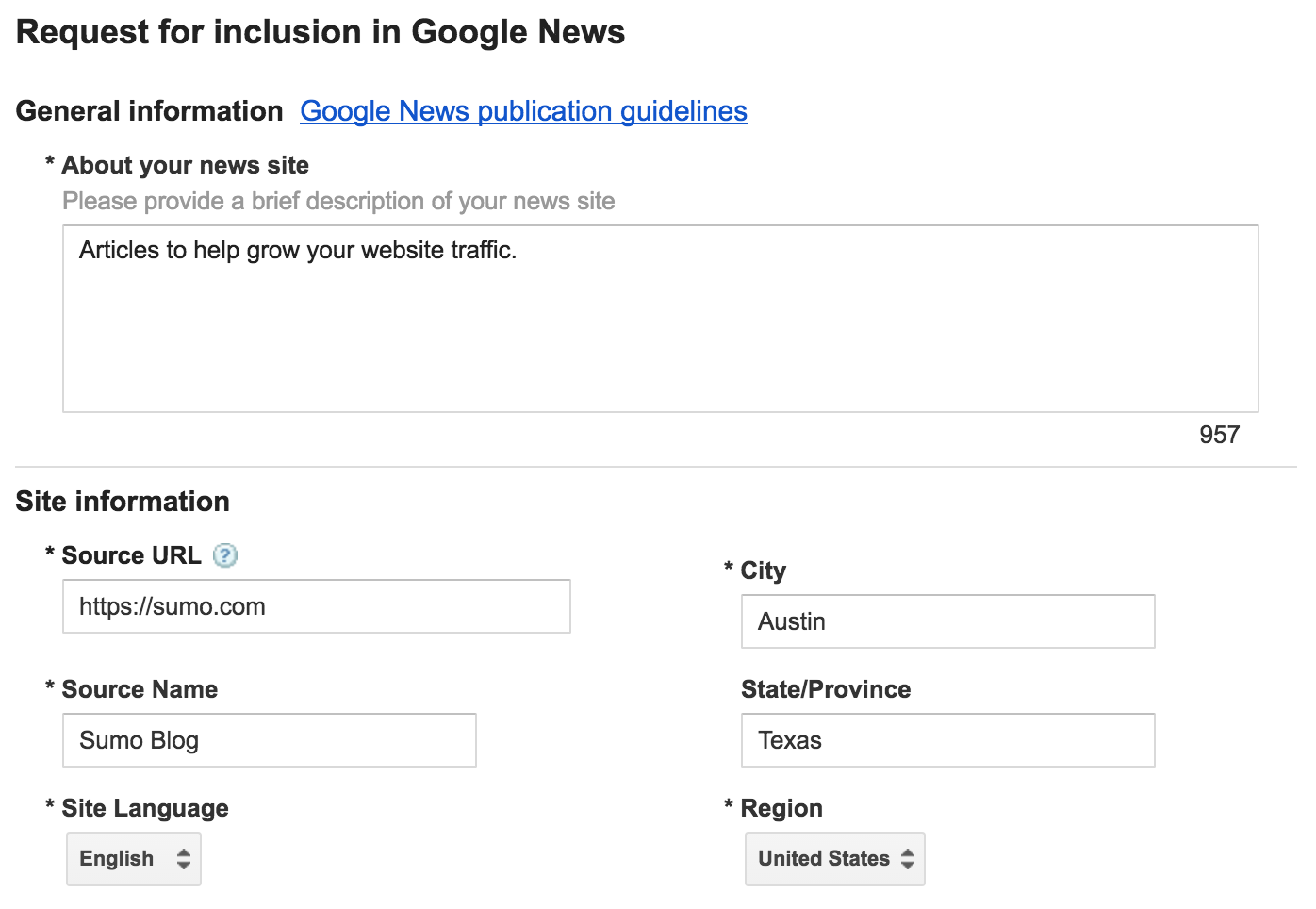 Screenshot of the "request for inclusion" page on Google News