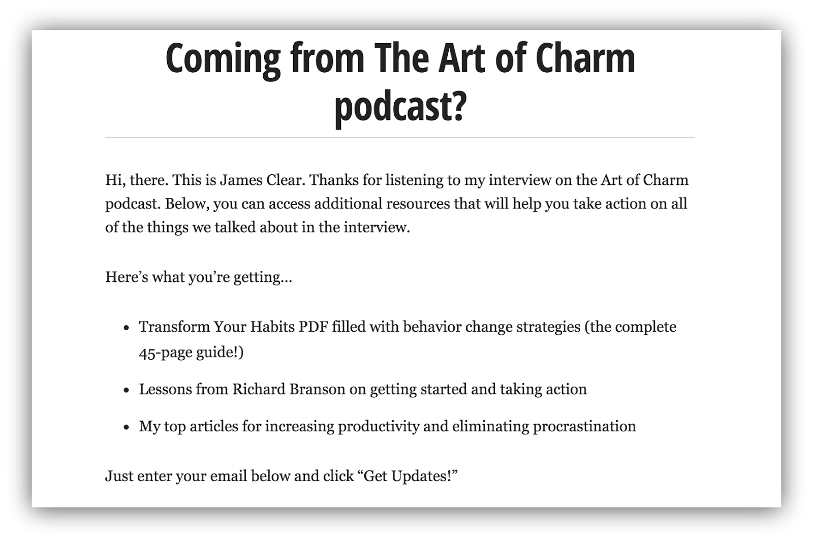 Screenshot of a landing page for people directed from the art of charm podcast