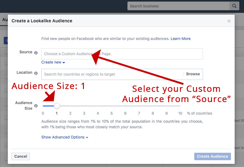 Screenshot showing facebook ads audience creation page
