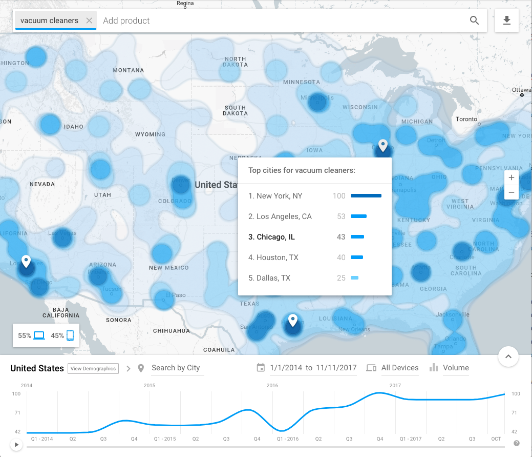 Screenshot showing search trends on a US map