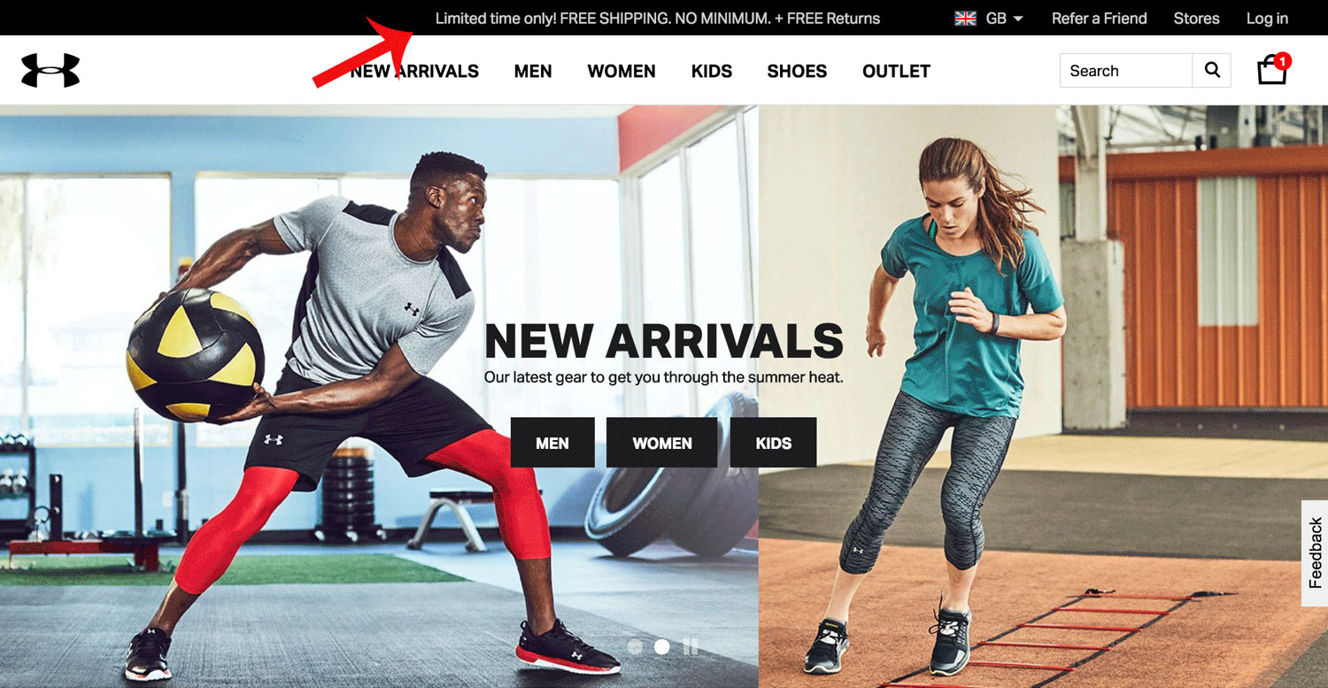 Screenshot showing an Underarmour free shipping bar