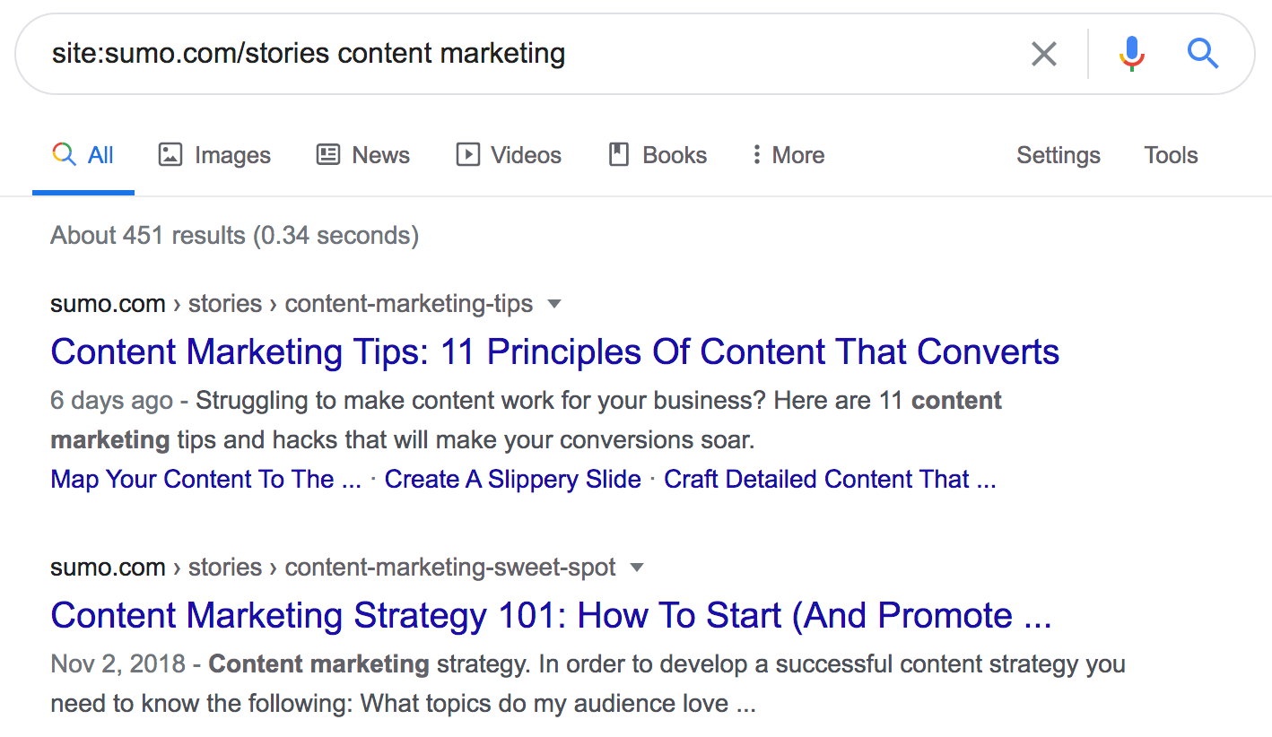 site:sumo.com/stories content marketing search in Google.
