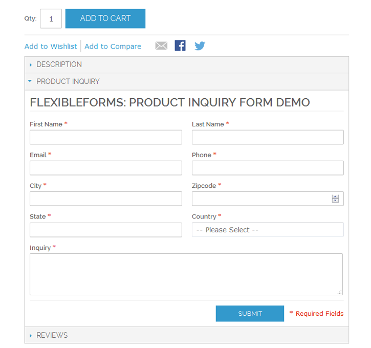 Screenshot showing a product inquiry form