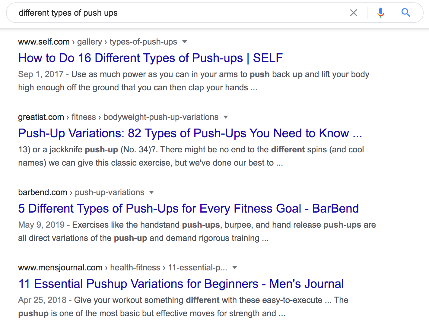 Google search result of "different types of push up"
