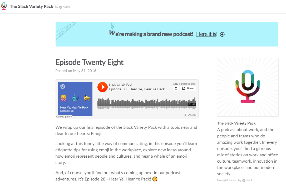 Screenshot showing a podcast page by Slack