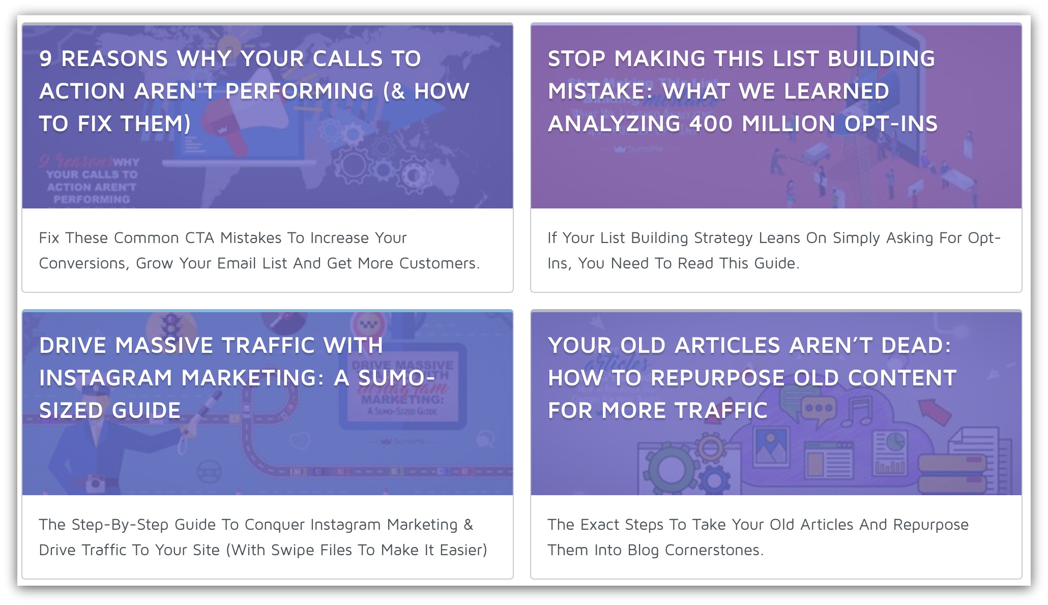 Screenshot showing different content pieces