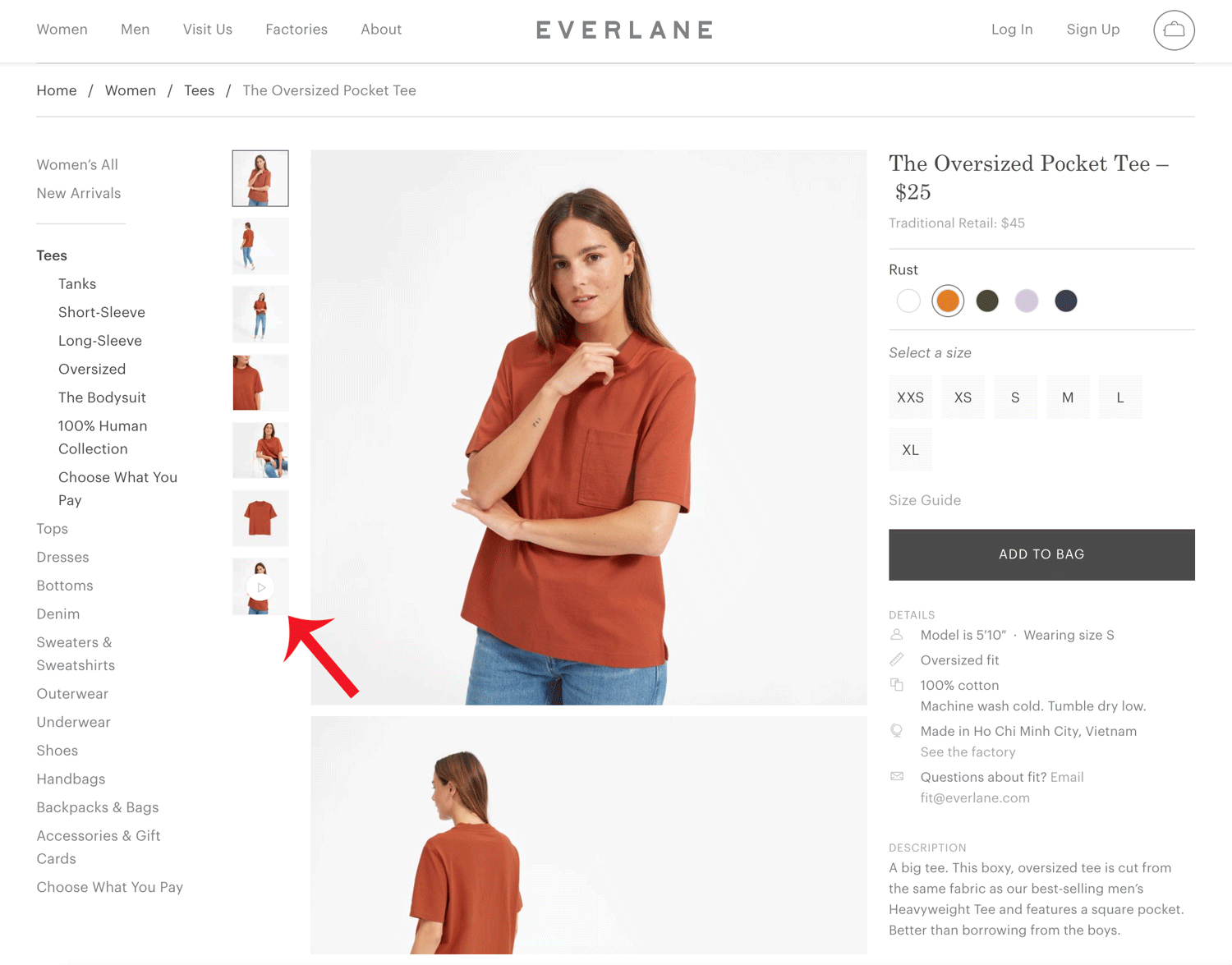 Screenshot showing a product page on Everlane