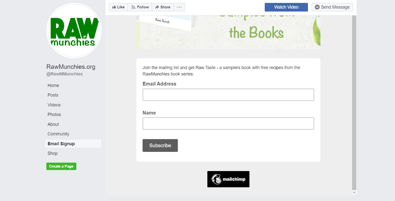 How To Build An Email List: Screenshot of RawMunchies.org email sign-up tab on Facebook page