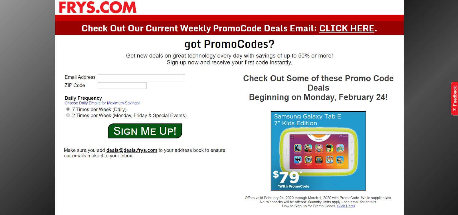 How To Build An Email List: Screenshot of Frys.com landing page to join their newsletter 