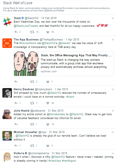 Screenshot showing the "Slack Wall of Love", a testimonial page for slack