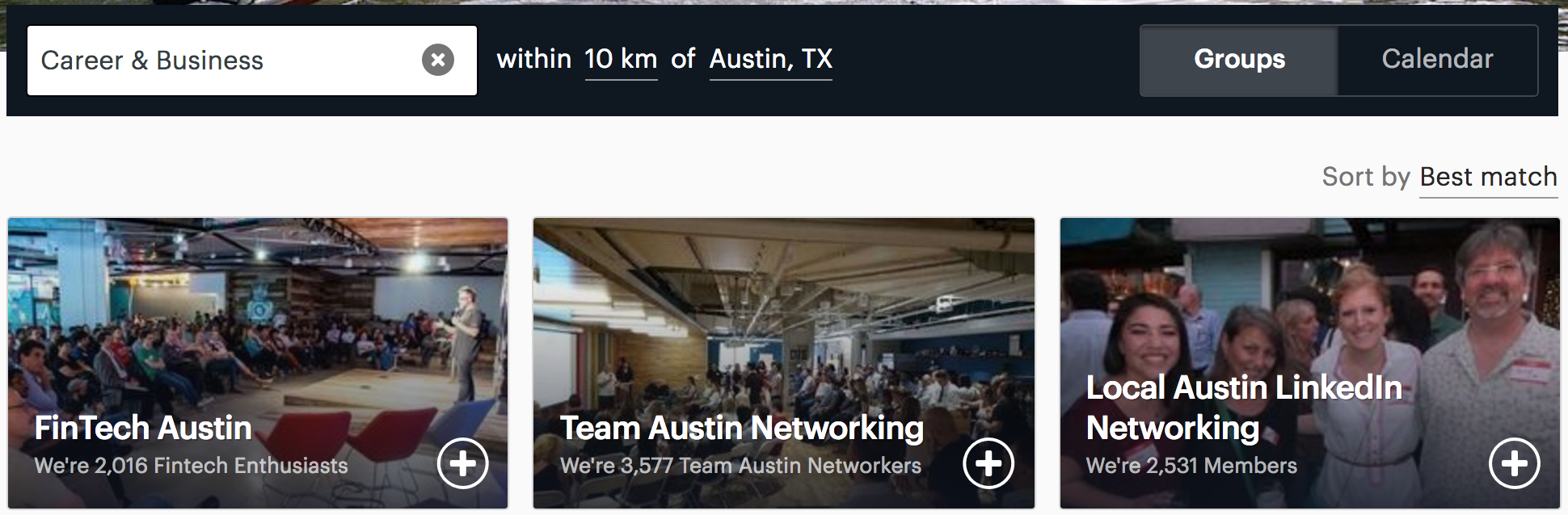 Screenshot showing a MeetUps search for Career & Business in Austin
