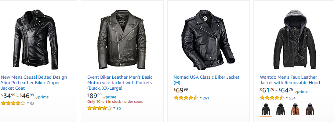 Screenshot showing leather jackets on amazon