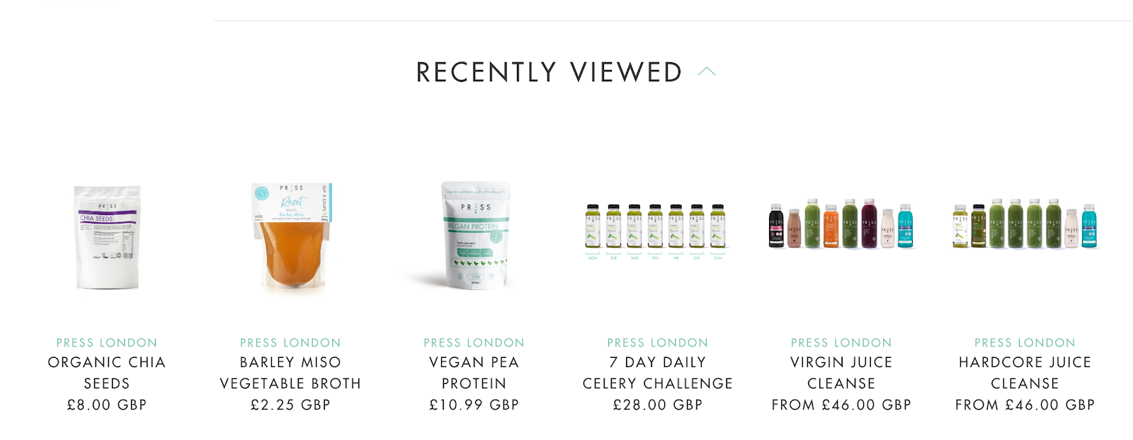 Screenshot of recently viewed products on Press website
