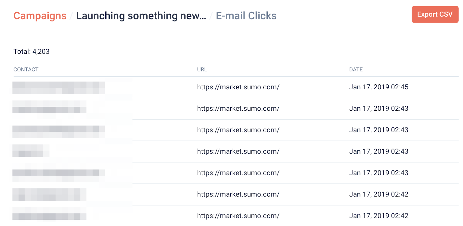 Screenshot of clicks for an email campaign