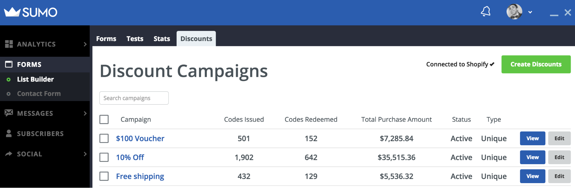 Screenshot showing Sumo discount campaigns settings