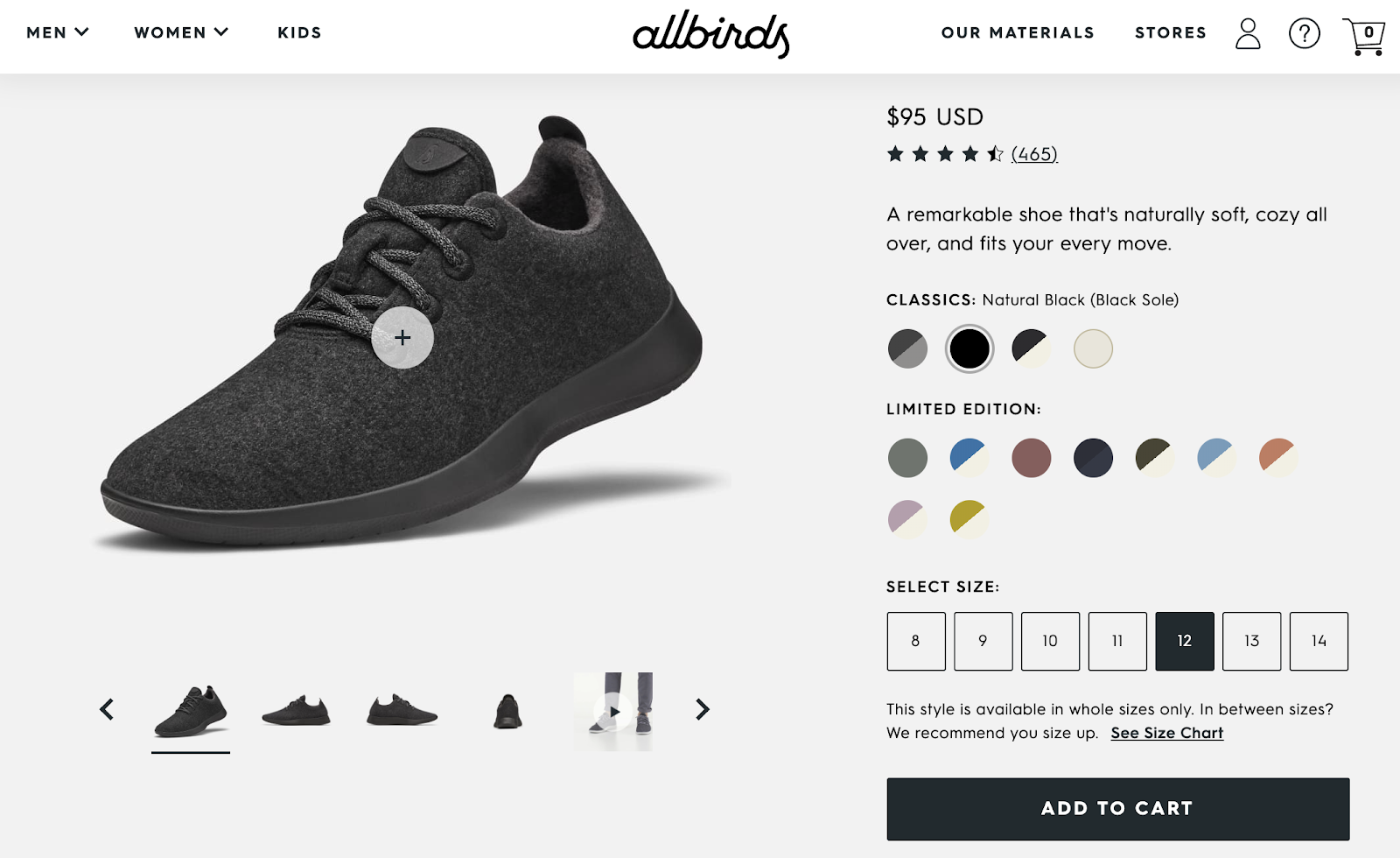 Screenshot of Allbirds product page focused on adding something to a basket