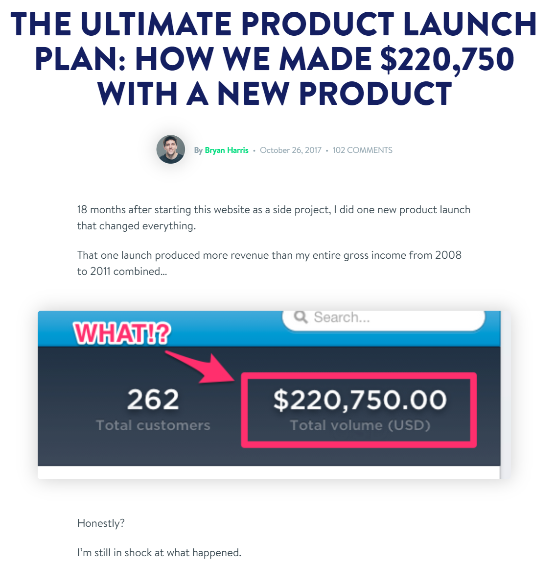Screenshot of blog post (THE ULTIMATE PRODUCT LAUNCH PLAN: HOW WE MADE $220,750 WITH A NEW PRODUCT) from Growth Tools