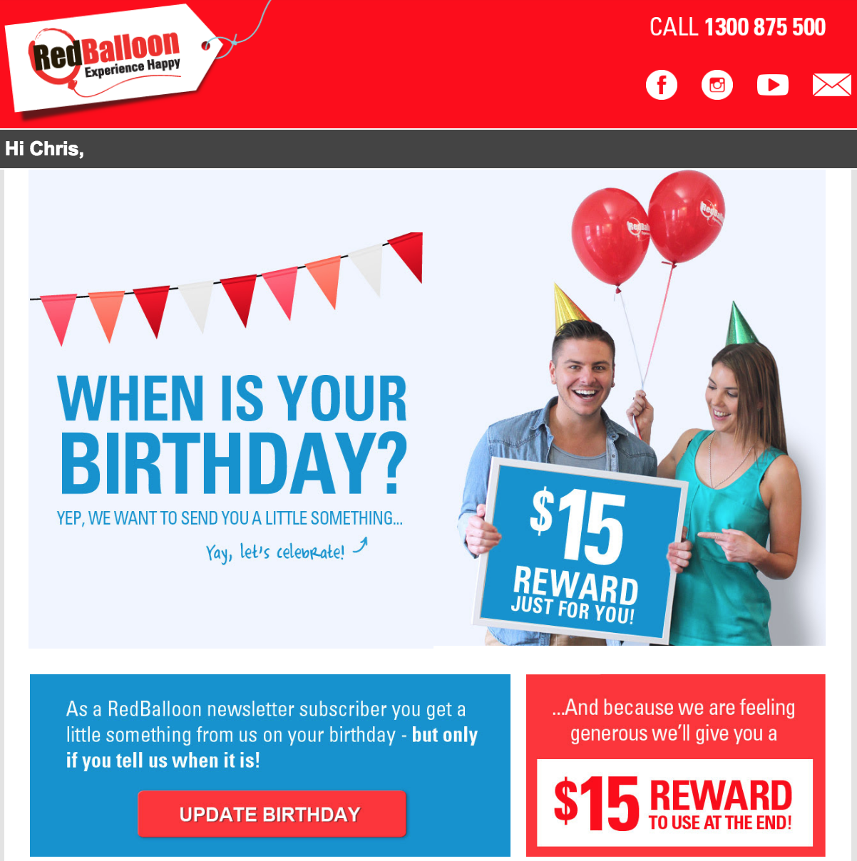 Screenshot showing an email by RedBalloon