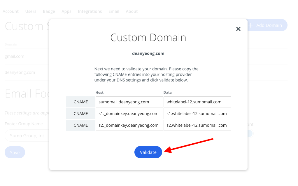 Screenshot of steps to enter custom domain in Sumo