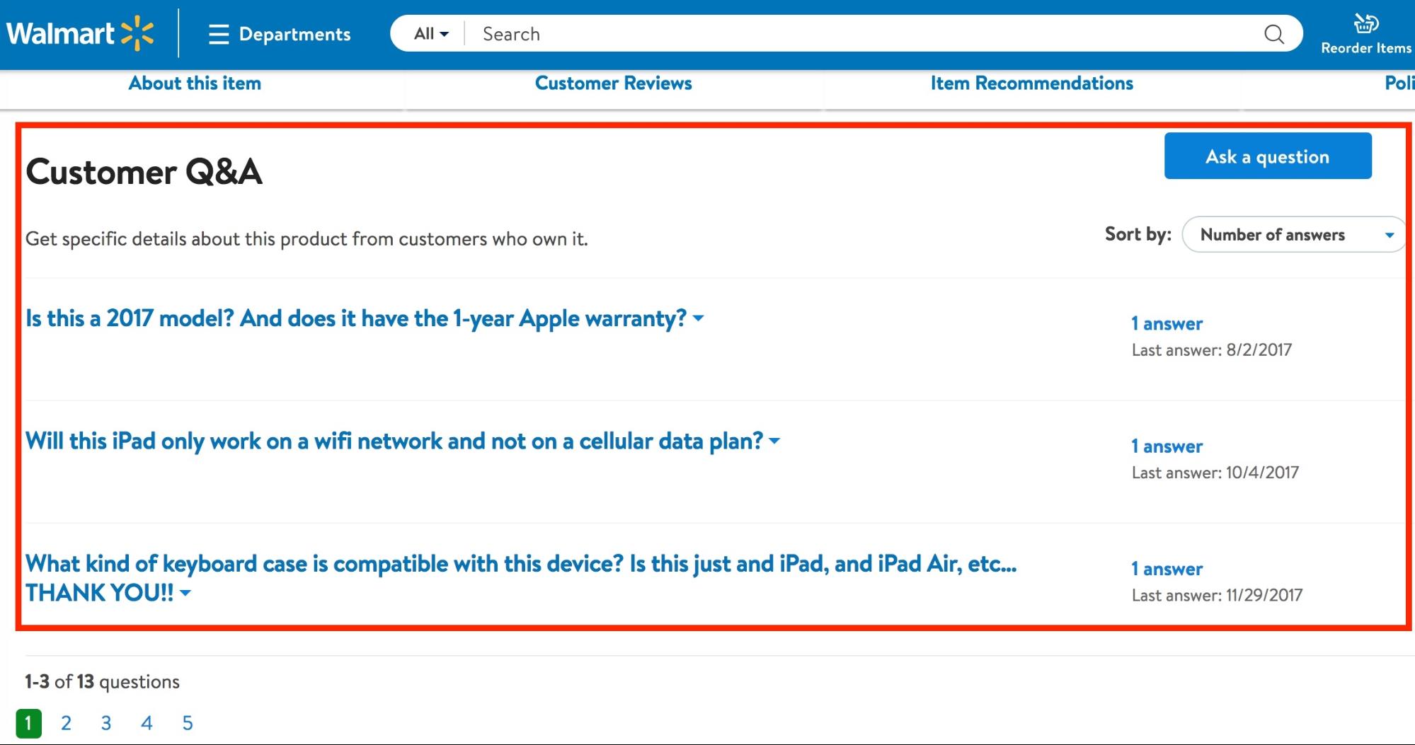 Screenshot showing q&a on a walmart product