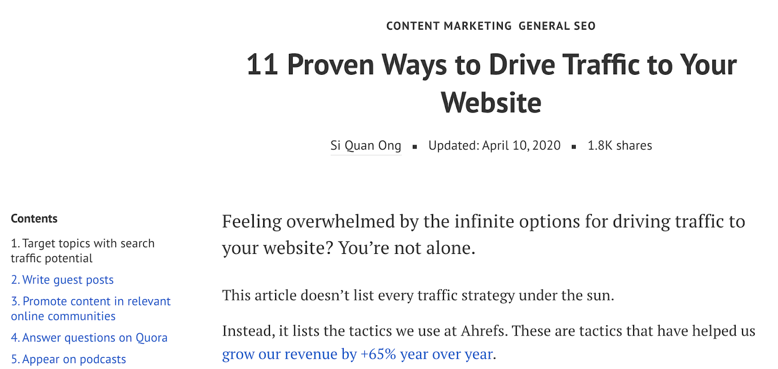 blog topic “11 proven ways to drive traffic to your website.”