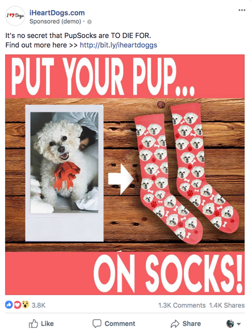 Screenshot showing a Facebook ad by iHeartDogs