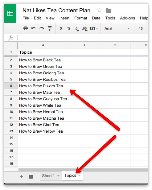 Screenshot showing a google spreadsheet being used to plan marketing