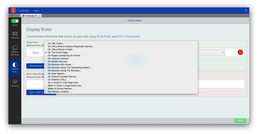 Screenshot of the display rules for a welcome mat in the sumo dashboard