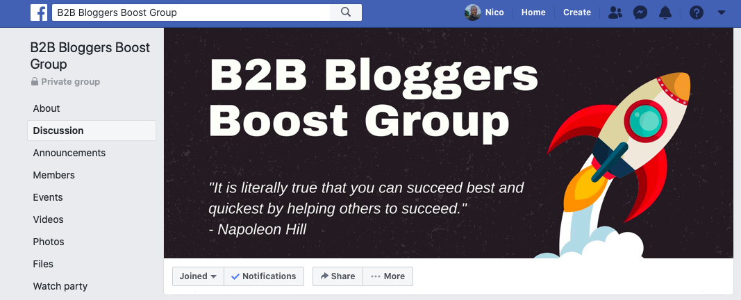 Facebook group called B2B Bloggers Boost Group