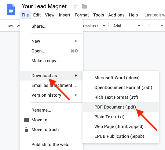 Screenshot of steps to download Google Doc as a PDF