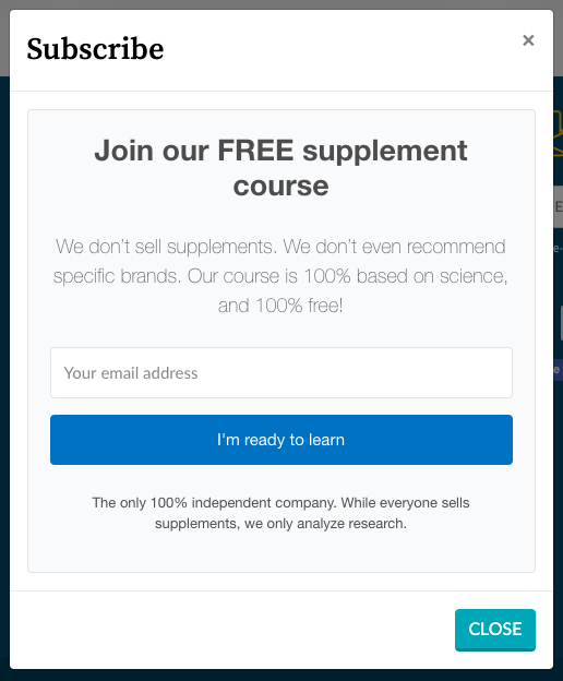 Screenshot of popup from Examine.com offering email course as lead magnet