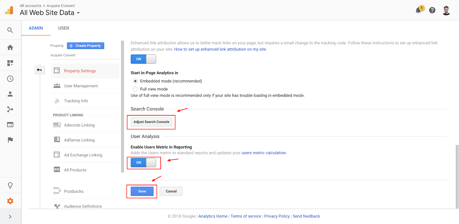 Screenshot showing a settings page on the Google Analytics dashboard