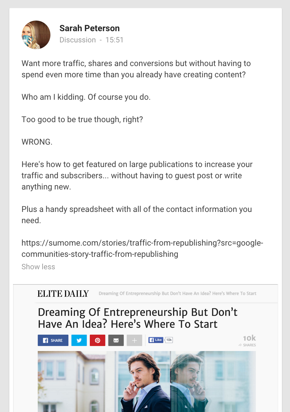 Screenshot of a Google+ post by Sarah Peterson