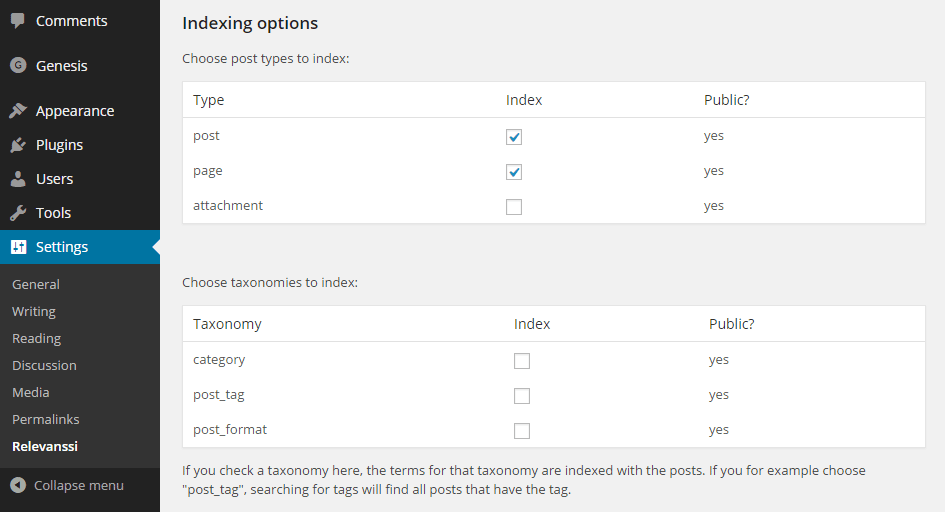 Screenshot showing the Wordpress admin panel